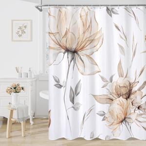 Litabel Light Brown and Grey Boho Watercolor Floral Shower Curtain, Ink Painting Style Blossom & Leaf Shower Curtains for Chic Elegant Bathroom, Artistic Tan Fabric Flower Shower Curtain, 72x72