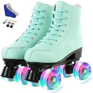 Jessie PU Leather Skates - Premium Adjustable Four-Wheel Roller Skates for Women, Men, Boys & Girls - Indoor & Outdoor (38-Women's 8/ Men's 6.5, Green Flash Wheel)