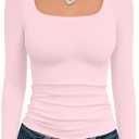 Trendy Queen Womens Long Sleeve Shirts Crop Tops Fall Fashion 2025 Square Neck Going Out Basics Tees Y2k Clothes (Medium, Pink)