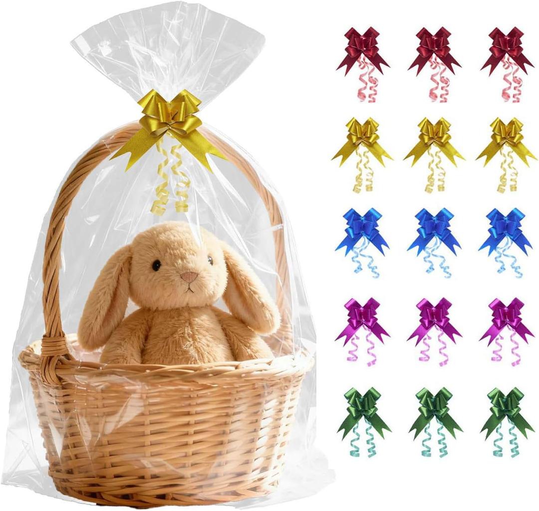 Volokitx 13-Pack 30x40 Inch Clear Cellophane Bags with 15 Colorful Pull Bows, Large Cellophane Wrap for Gift Baskets, Baby Showers, Raffles, and Charity Auctions