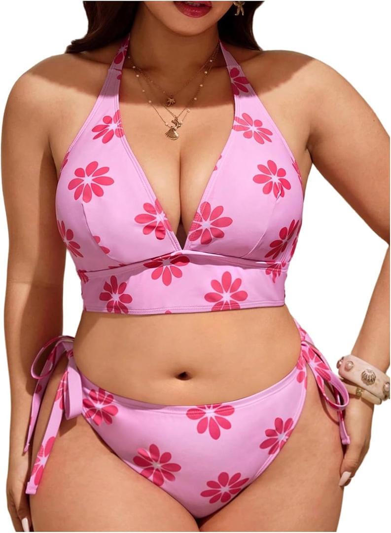 OYOANGLE Women's Plus Size Floral Print Bikini Set Backless Halter Tie Side Thong Beach Swimsuit (3X-Large Plus, Pink)
