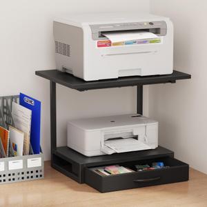 YAOHUOO 2-Tier Desktop Printer Stand with Fabric Drawer, Prtiner Table with Storage Shelf, Desk Organizer for Home Office, 3D Printer, Fax Machine, Scanner, 19.6"x14.9" Black