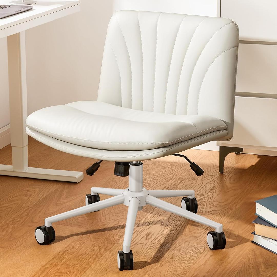 Marsail Armless-Office Desk Chair with Wheels: PU Leather Cross Legged Wide Chair, Comfortable Adjustable Swivel Computer Task Chairs for Home, Office, Make Up, Small Space, Bed Room (Balanced Beige)