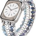 MOFREE Beaded Bracelet Compatible with Apple Watch Band 38mm/40mm/41mm/42mm, Fashion Elastic Stretch Women Bands for iWatch Series 11/10/9/8/7/SE/6/5/4/3/2/1 iPhone Watch Strap Bands (Blue/Silver)