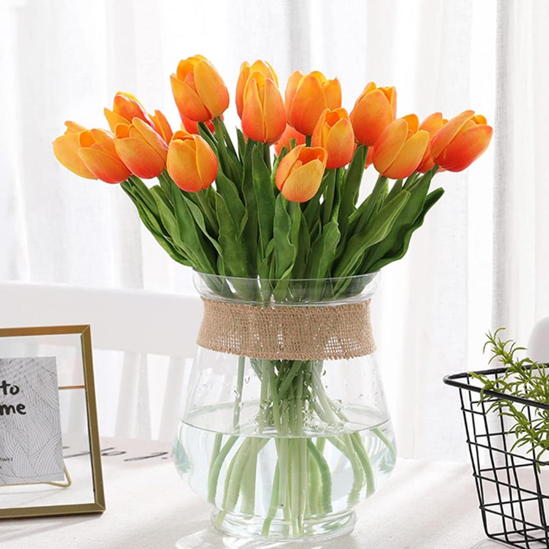 WeTop 30pcs Real Touch Tulips PU Artificial Flowers, Fake Tulips Flowers for Arrangement Wedding Party Easter Spring Fall Home Dining Room Office Decoration. (Orange, 14" Tall)