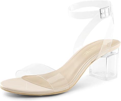 DREAM PAIRS Women's Open Toe Ankle Strap Low Block Chunky Heels Sandals Party Dress Pumps Shoes,  Nude/Clear, Size 11