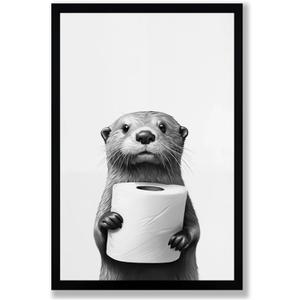 Framed Black and White Bathroom Canvas Wall Art, Funny Animal Bathroom Decor Cute Otter Holding A Roll of Toilet Paper Picture Modern Humor Painting Wall Decor Ready to Hang 24'' x 16''