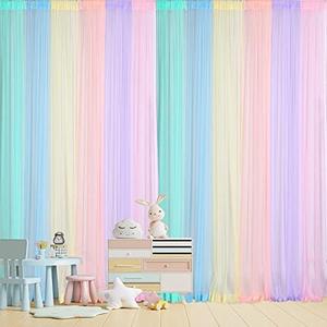 Tatuo Pastel Rainbow Backdrop Curtains Sheer Curtain Tulle Panels for Kid Baby Shower Unicorn Birthday Party Window Classroom Decorations 6 Panels(708 inch/59 ft in Total Width,Bright Color)