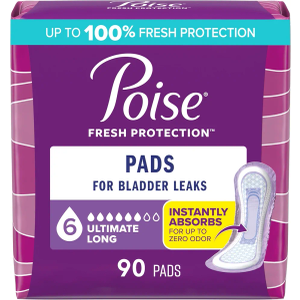 Poise Incontinence & Postpartum Pads for Bladder Leaks, 6 Drop Ultimate Absorbency, Long Length, 90 Count