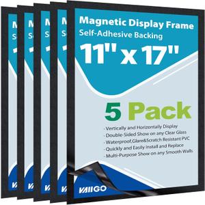 11"x 17" Self Adhesive Magnetic Sign Holder, Double Sided Window Magnetic Display Frame with Clear PVC and Strong Magnetic for Office/Store/Door/Glass/Refrigerator Display Frame(Black, Pack of 5)