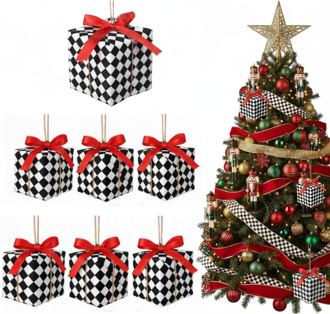 12 Pcs Christmas Black and White Checkered Ornaments 2.36 Inch Checkerboard Buffalo Plaid Box Christmas Tree Ornaments Mini Xmas Presents for Holiday Party Crafts Gift Decorations