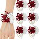 Wine Red Wrist Corsage for Prom, 6pcs Burgundy Rose Wrist Corsages for Wedding Bridal Bridesmaid Girl Women, Hand Flower for Wedding Party Homecoming Ceremony Anniversary Prom Flower Corsages