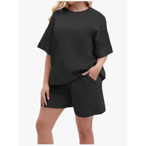 Women's 2 Piece Shorts Set Summer Casual Loungewear with Short Sleeve Oversized Top Wide Leg Pants with Pockets Size L