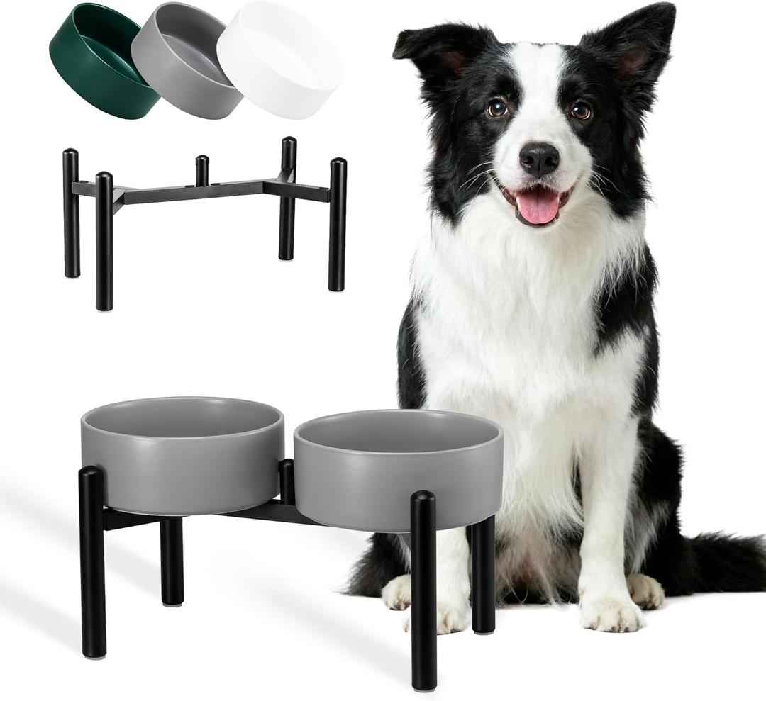 Dog Bowls Elevated - Ceramic Raised Dog Bowl with Non Slip Steel Stainless Stand - No Spill and Heated Feeding Station - Food and Water Dish Set for Medium to Large Pet - Each Holds 7.5 Cups Grey