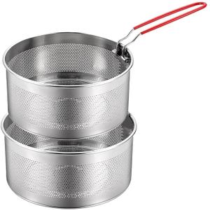 Pasta Strainer Set of 2, Stainless Steel Noodle strainer, 18cm with Removable Handle Metal Pasta Strainer Basket Deep Fryer Basket, Kitchen Colander for Washing Draining Deep-frying Boiling Steaming