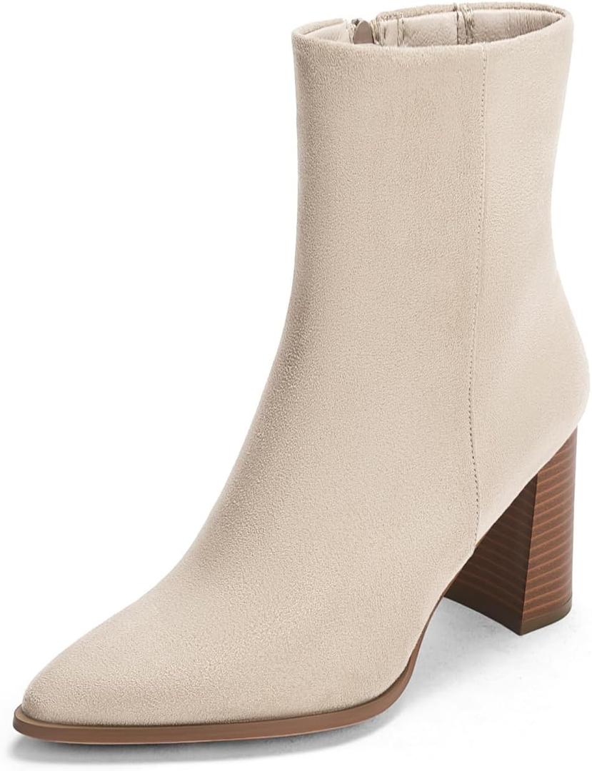 Coutgo Womens Ankle Boots Pointed Toe Chunky Stacked Heel Side Zipper Dress Fall Booties Shoes (Beige, 9.5)