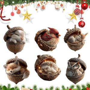 6Pcs Forest Animal Acorn Ornaments, Cozy Forest Christmas Ornaments, Pine Cone Animal Christmas Tree Hangning Ornaments, 2D Acrylic Christmas Decorations for Home Decor