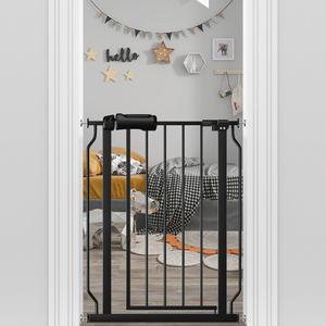 Narrow Baby Gate 24 to 29 Inch Wide Pet Gate Pressure Mounted No Drill Safety Gate Walk Through Metal Child Gate for Kids Stairs or Pets Indoor Black