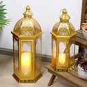 JHY DESIGN Set of 2 Outdoor Candle Lanterns 22"&17" H Decorative Vintage Metal Candle Holders for Garden Porch Indoor Outdoor Parties Weddings Patio Home Decor (Gold)