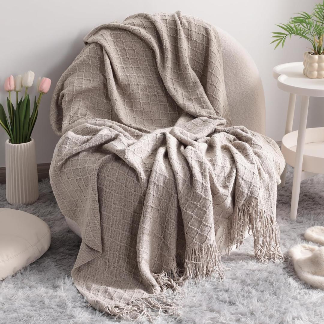 NTBAY Acrylic Knitted Throw Blanket, Lightweight and Soft Cozy Decorative Woven Blanket with Tassels for Travel, Couch, Bed, Sofa, 51x67 Inches, Taupe Checkered