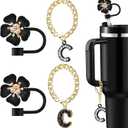 2 x Straw Covers for Stanley Cup Accessories: Black Decorations for Stanley 30 oz & 40 oz Tumbler with Handle, Bling Letter Charms and Flower Silicone Straw Cap Topper, Trendy Stuff for Teen Girls & Women