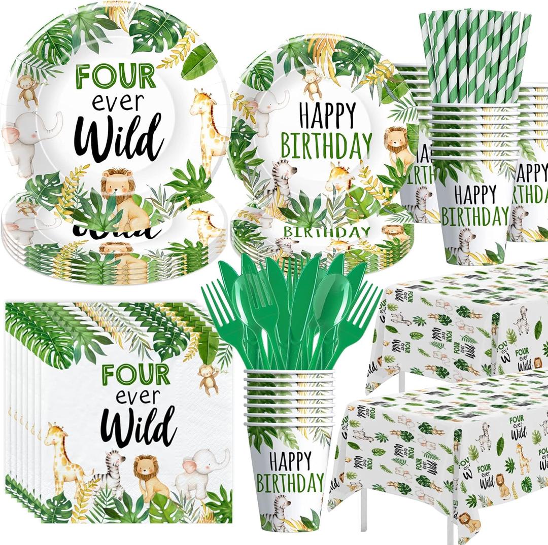 Safari Jungle Theme 4th Birthday Party Supplies, Four Ever Wild Birthday Decorations Tableware, Wild Animal 4 Year Old Decorations, Plate, Cup, Napkin, Tablecloth, Cutlery, Serves 24