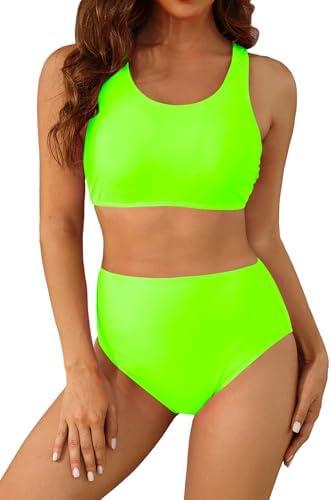 Holipick Women High Waisted Bikini Set Two Piece Scoop Neck Swimsuit Criss Cross Back Bathing Suit, Size 2XL, Neon Green