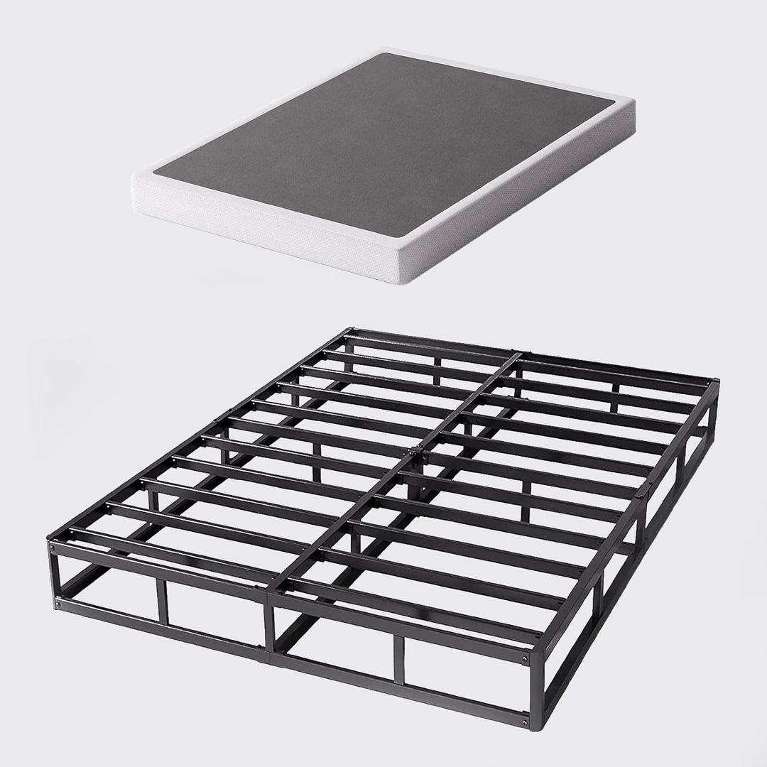 Full Size Box Spring and Cover Set, 9 Inch High Profile Metal BoxSpring, Heavy Duty Structure Mattress Foundation, Noise Free, Non-Slip, Easy Assembly