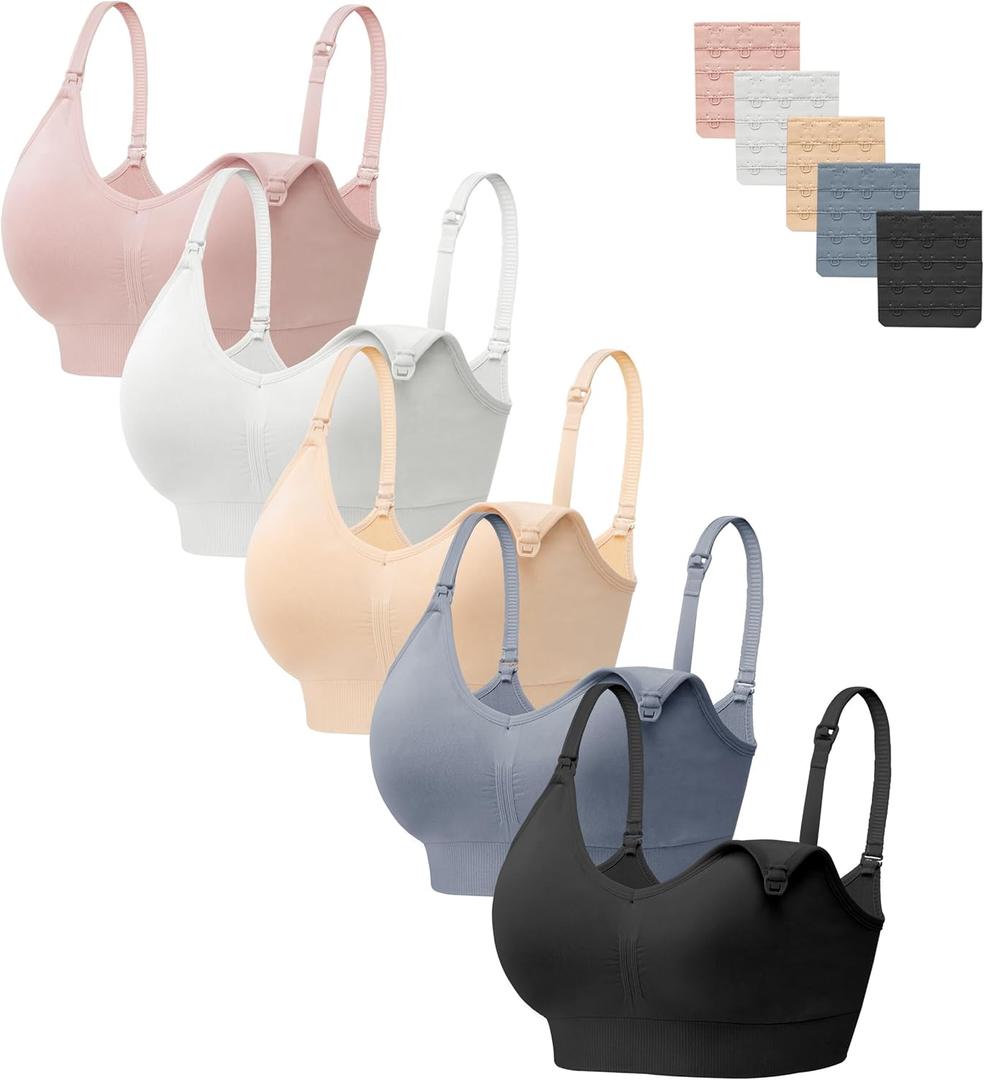 HBselect Women Maternity Bras 5 Pack Nursing Bras for Breastfeeding Seamless Pregnancy Sleep Bralette with Extra Extenders (Large, 5pack(pink/White/Nude/Dusty Blue/Black))