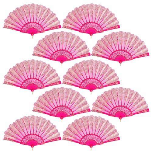 QIRMIZI 10 Pack Folding Handheld Fans,Silk Spanish Fan, Perfect for Weddings, Parties, and Dancing,Deeppink