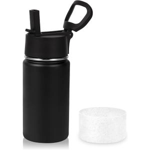 Volhoply 14oz KIds Insulated Stainless Stee Water Bottle with Straw Lid and Silicone Boot,BPA-Free Easy Use for Boys&Girls,Double Wall VacuumLeakproof Bottles(Black,1)