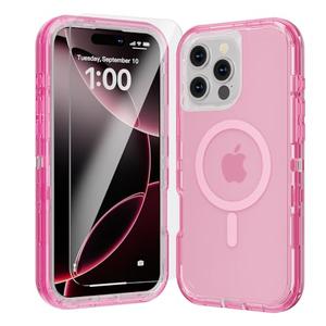 Luckwhale for iPhone 16 Pro Max Case, Fits Magsafe,Heavy Duty Shockproof Protection Phone Cases with Screen Protector*1, Magnetic Transparent Protective Cover for iPhone 16 ProMax 6.9 '', Pink