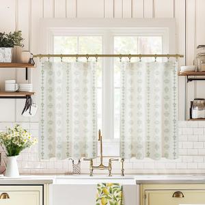 Kitchen Window Curtains Over Sink,Sage Green Boho Vintage Floral Sheer Curtain for Bathroom Window Cafe,36 Inch Length,Cream Colored (24"W x 36"L (Pack of 2), Light Green)