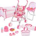 deAO Baby Doll Stroller Crib Bed Nursery Role Play Set Baby Doll Accessories and Play Mat,Travel Cot,Bouncer,Foldable Stroller and Travel Bag Birthday for Girls Boys Kids
