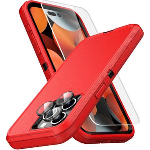 MXX Heavy Duty Made for iPhone 15 pro Max Case with Tempered Glass Screen, Camera Lens Protector 3-Layer Full Body Protection Shockproof Dustproof Cover for 15 pro Max Phone Case 6.7" (Red/Black)