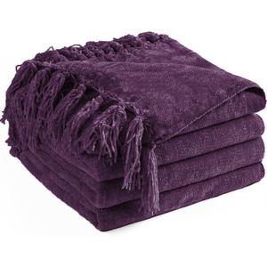 Chenille Throw Blanket for Couch 50" X 60", Soft Cozy Throws with Fringe Tassel for Bed Sofa Chair Cover, Lightweight Knitted Decorative Boho Blankets for Living Room, Dark Purple