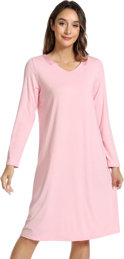 NACHILA Nightgowns for Women-Viscose Made from Bamboo, Long Sleeve Nightshirts Satin V Neck Sleepshirts Soft Sleep Dress (X-Large)