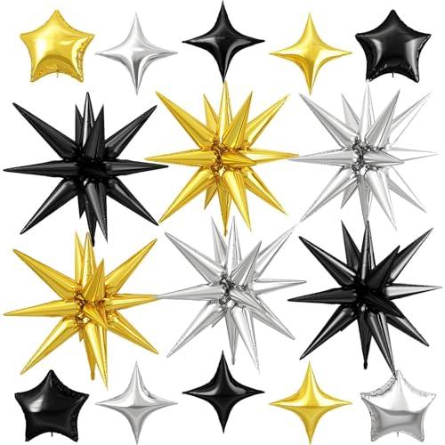 Black Gold Silver Star Balloon,16Pcs Star Foil Balloons Set with 22Inch Explosion Spike Balloons and 10Inch Quadrangle Balloon for Graduation New Year Party Birthday Celebration Decorations