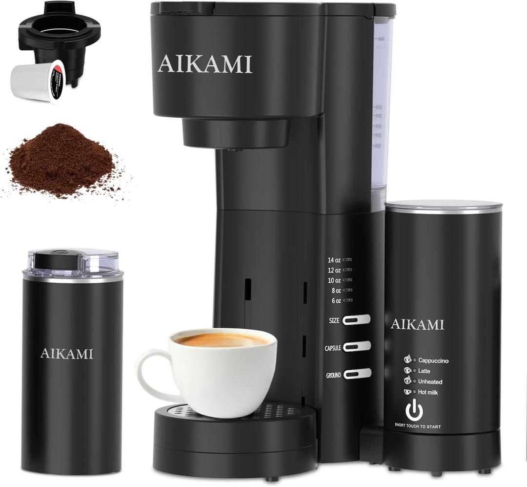 4 IN 1 Single Serve Coffee Maker with Milk Frother and Coffee Grinder, Coffee Maker for K Cup and Ground Coffee, with 30 oz Removable Water Reservoir, 6 to 14 oz. Brew Sizes, Coffee Machine for Home