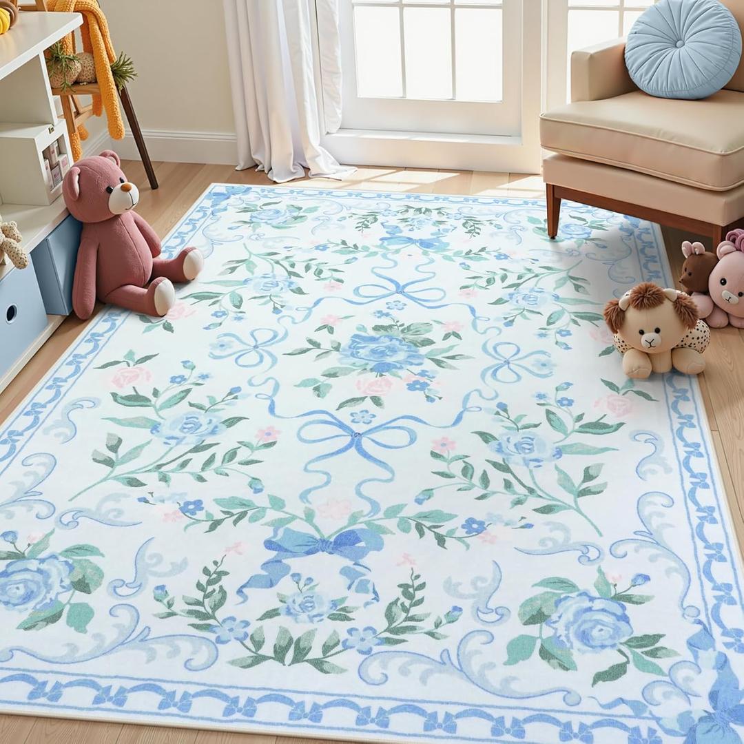 Collive Blue Floral Rugs for Girls, 5x7 Washable Bow Area Rug for Living Room, Cute Ultra-Thin Non Slip Indoor Decor Carpet for Nursery Kids Room Bedroom Playroom (Blue 5' x 7')