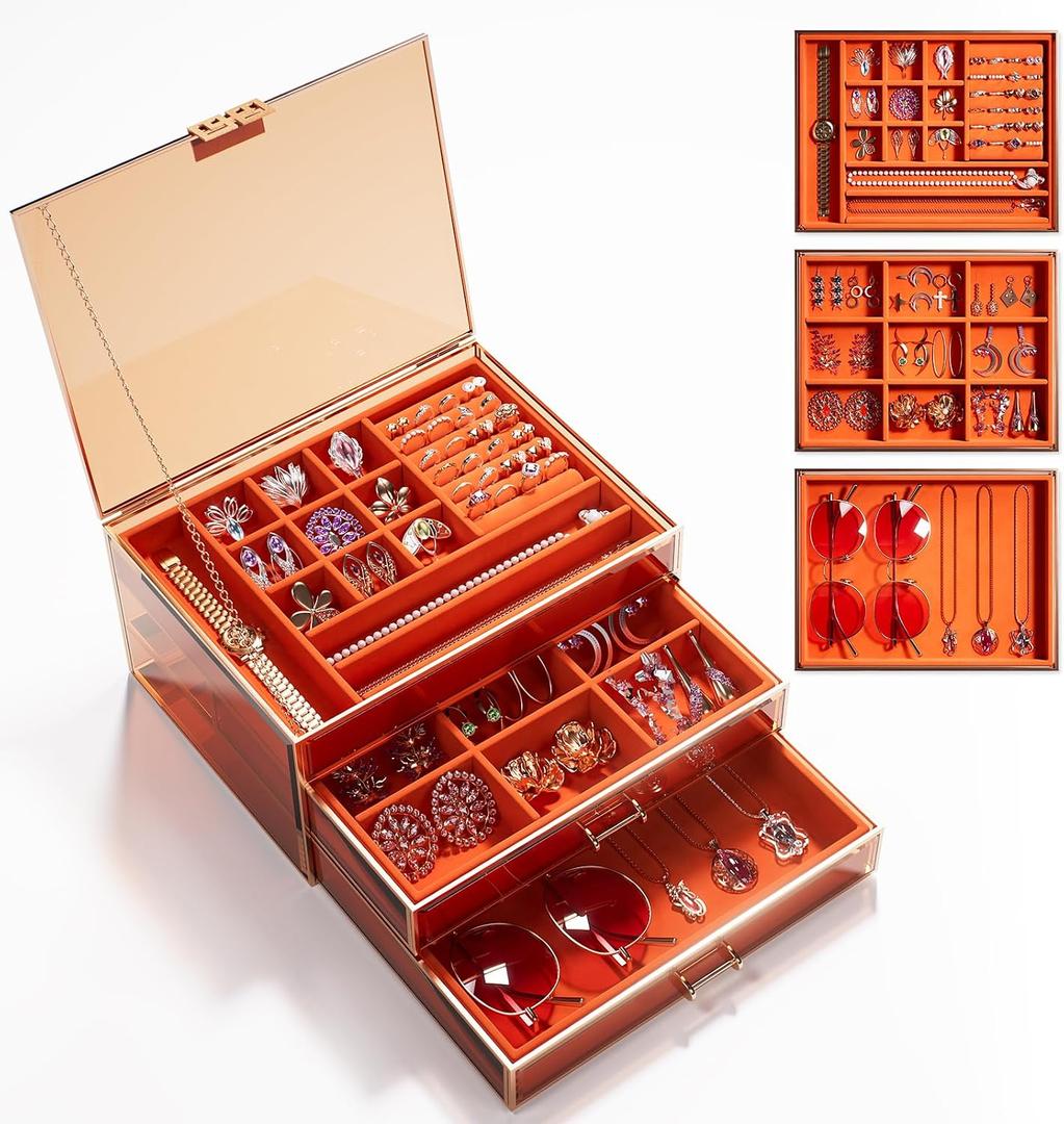 CoralHouse Jewelry Box,3-Tier Large Glass Jewelry Organizer with Velvet Lining and Copper Handles - Ideal for Rings, Earrings, Necklaces, Bracelets, and Watches.