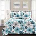 Lush Decor Leah Reversible Floral Quilt Set, 3 Piece Set, King, Blue - Watercolor Botanical - Cottage Core - French Country Decor- Bedding Queen Size