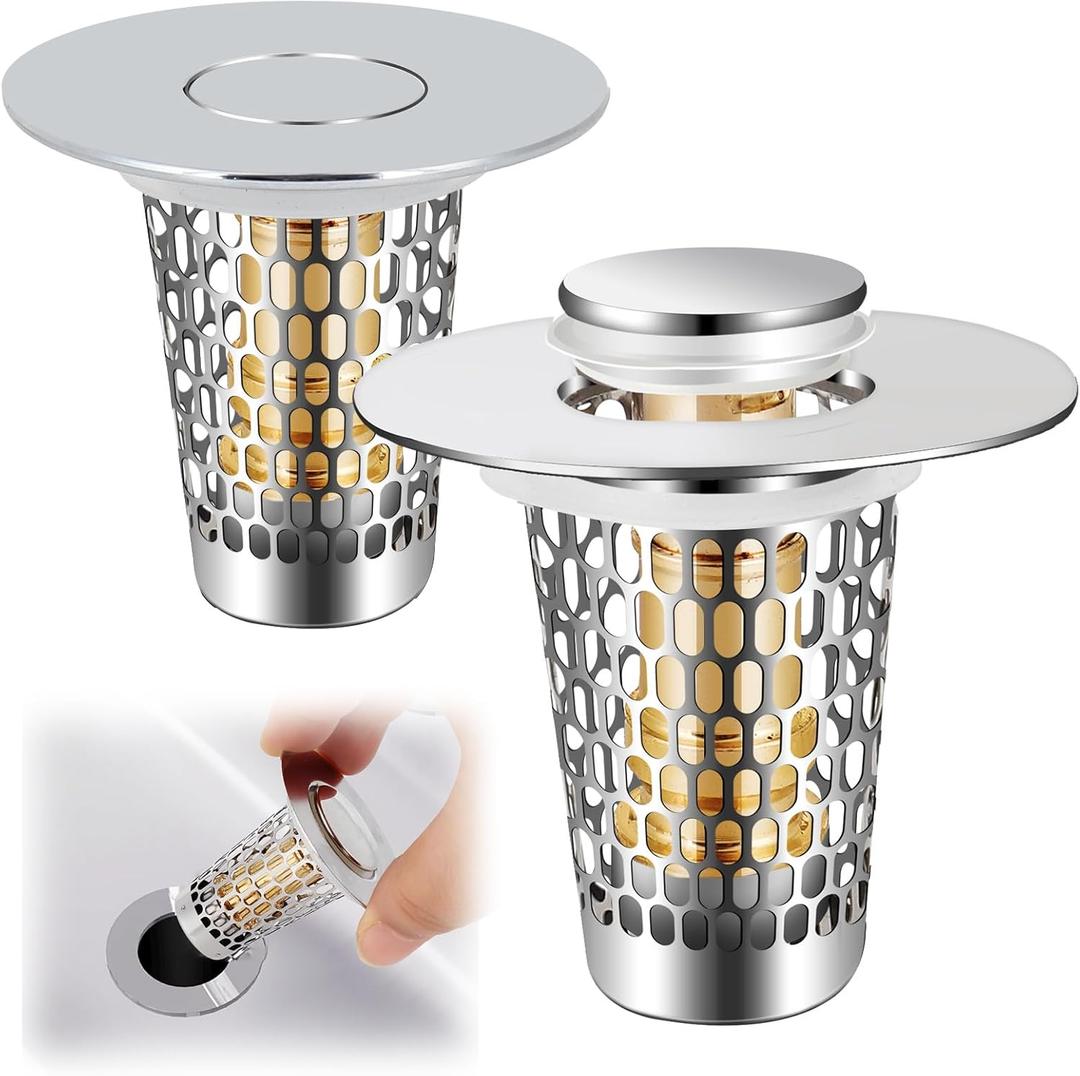 2Pack Bathroom Sink Stopper for 1-1.50in, Universal Drain Filter for US Stainless Steel Floor Drain Filter, Universal Bathroom Sink Drain Pop Up Stopper with Hair Strainer (Silver)