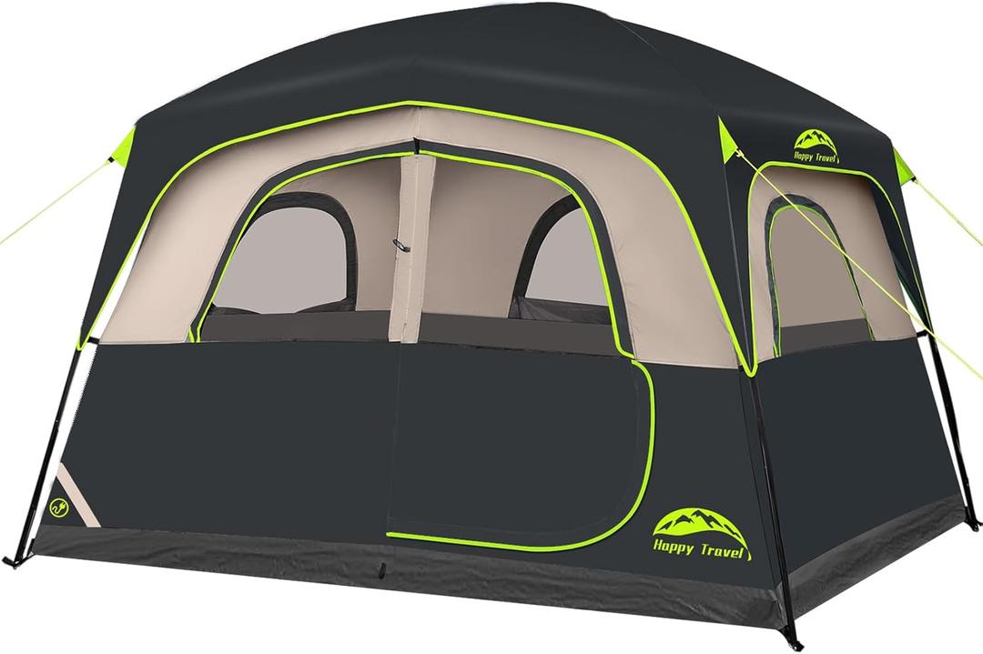 Happy Travel Tent 6 Person Tents for Camping, Waterproof Easy Setup Camping Tent with Rainfly, Portable Large Family Cabin Tent with 5 Large Mesh Windows and Carry Bag for Outdoor Camping & Hiking