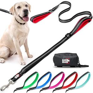 Black Rhino Double Handle Dog Leash - Heavy Duty Adjustable Leash for Large Dogs That Pull - Reflective Two Handle Neoprene Padded Design - 5 to 6 ft - Includes Pouch for Treats and Essentials - Red