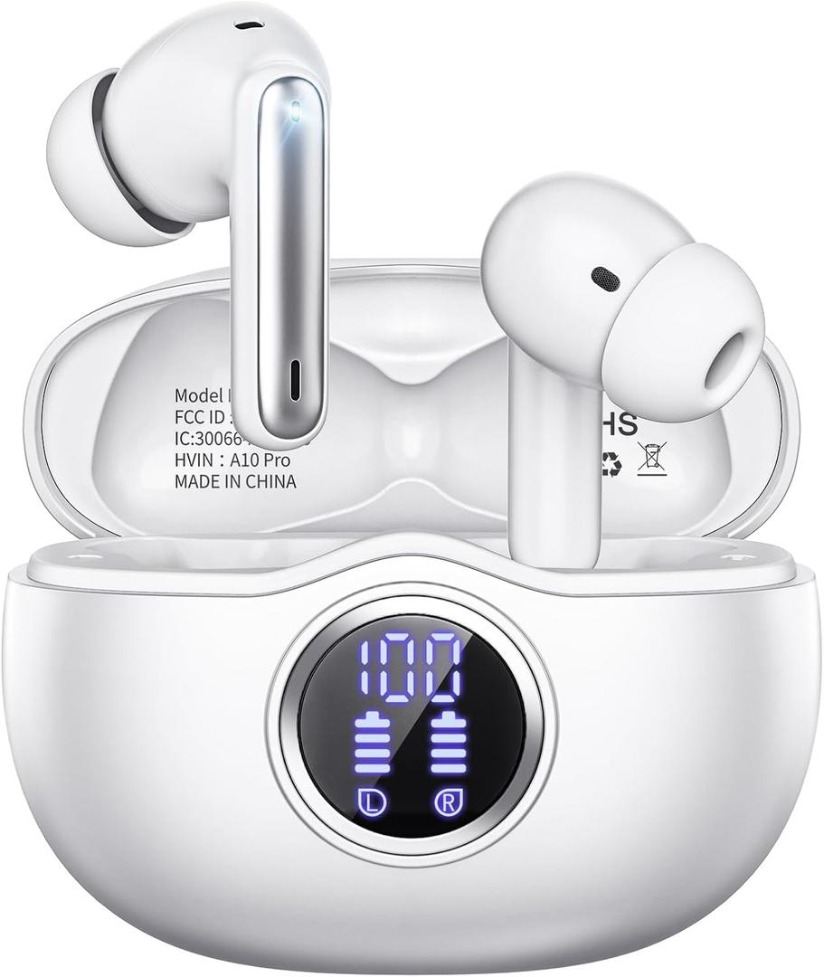 Wireless Earbuds, Bluetooth 5.3 Headphones HiFi Stereo 50H Playback LED Digital Display Ear Buds with ENC Noise Canceling Headset, IPX7 Waterproof Earphones for Gym/Running/Work (White)