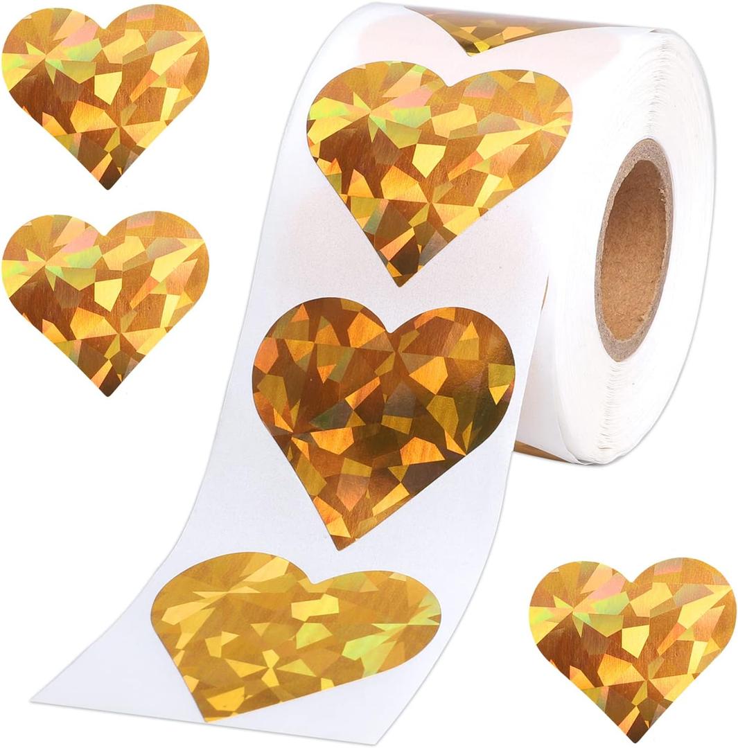 Glitter Gold Heart Stickers, 1.5" Heart Decorative Labels 500 per Roll, Valentine's Day Love Decorations for Wedding Anniversaries