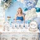 MEHOFOND Fall Pumpkin Baby Shower Decorations Boho Floral Little Pumpkin Party Supplies Blue Disposable Tableware Set 193 Pcs Plates Napkins Plastic Tablecloth for Boy Baby Shower Party