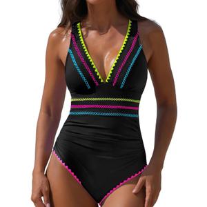 Popvil One Piece Swimsuits for Women 2026 Tummy Control Neon Bathing Suit with Adjustable Strap (Small, Black)