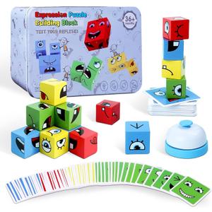 Montessori Puzzle Game for Kids - Wooden Face Changing Magic Cube Game, Educational Face Changing Cubes, 3+ Years (64 Cards, 16 Blocks, 1Bell)